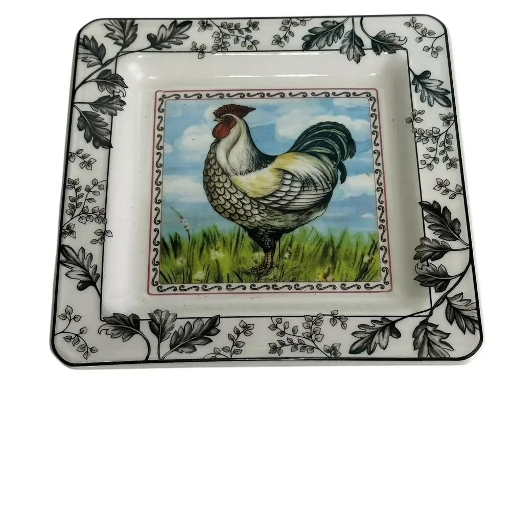 I Galletti 2 Square Ceramic Rooster Bread Plates Trinket Dishes Italy Farmhouse